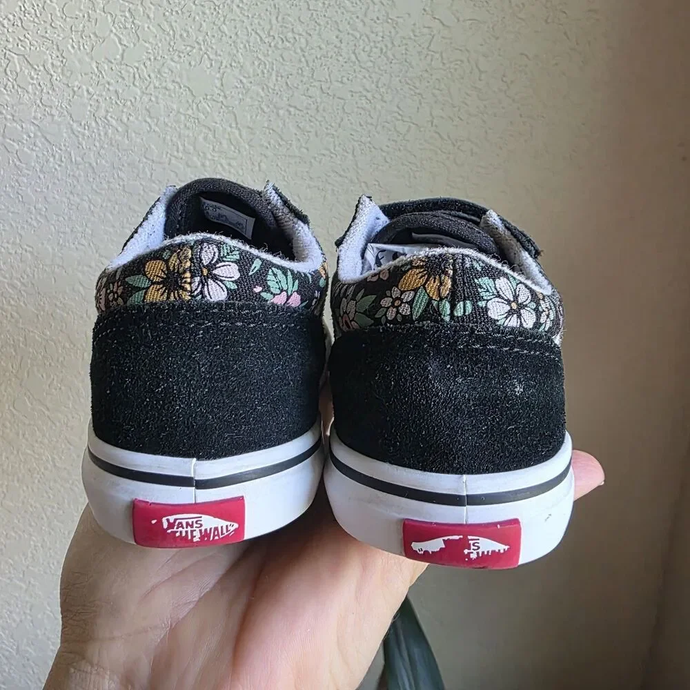 Vans Old Skool V Sneakers Youth Girl Size 10 Flower Fun Floral Black Hook & Loop